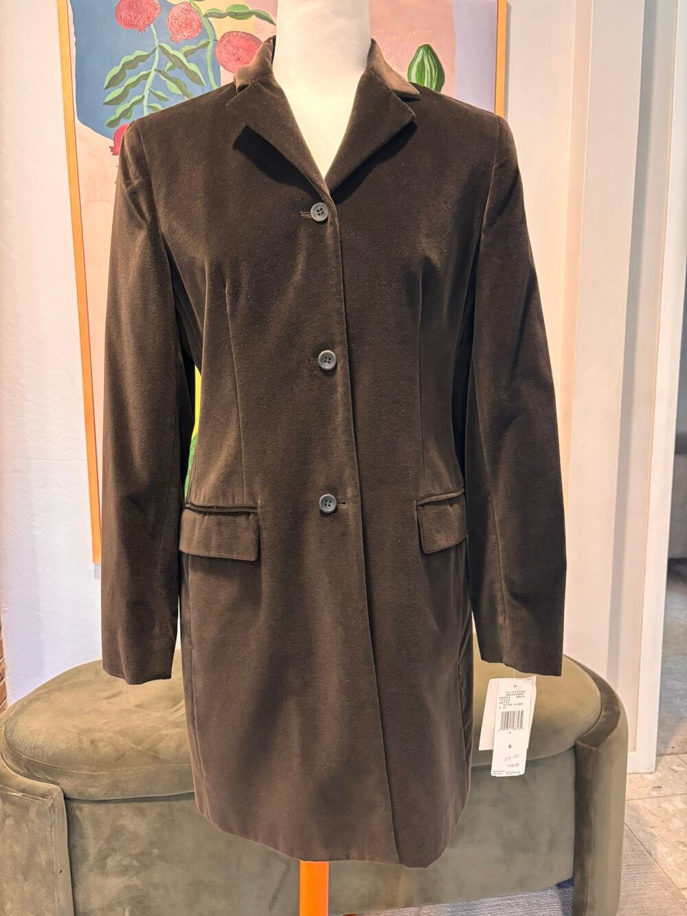 Jones New York Chocolate Brown Velvet Longline Blazer Coat Size 6 Dark Academia
